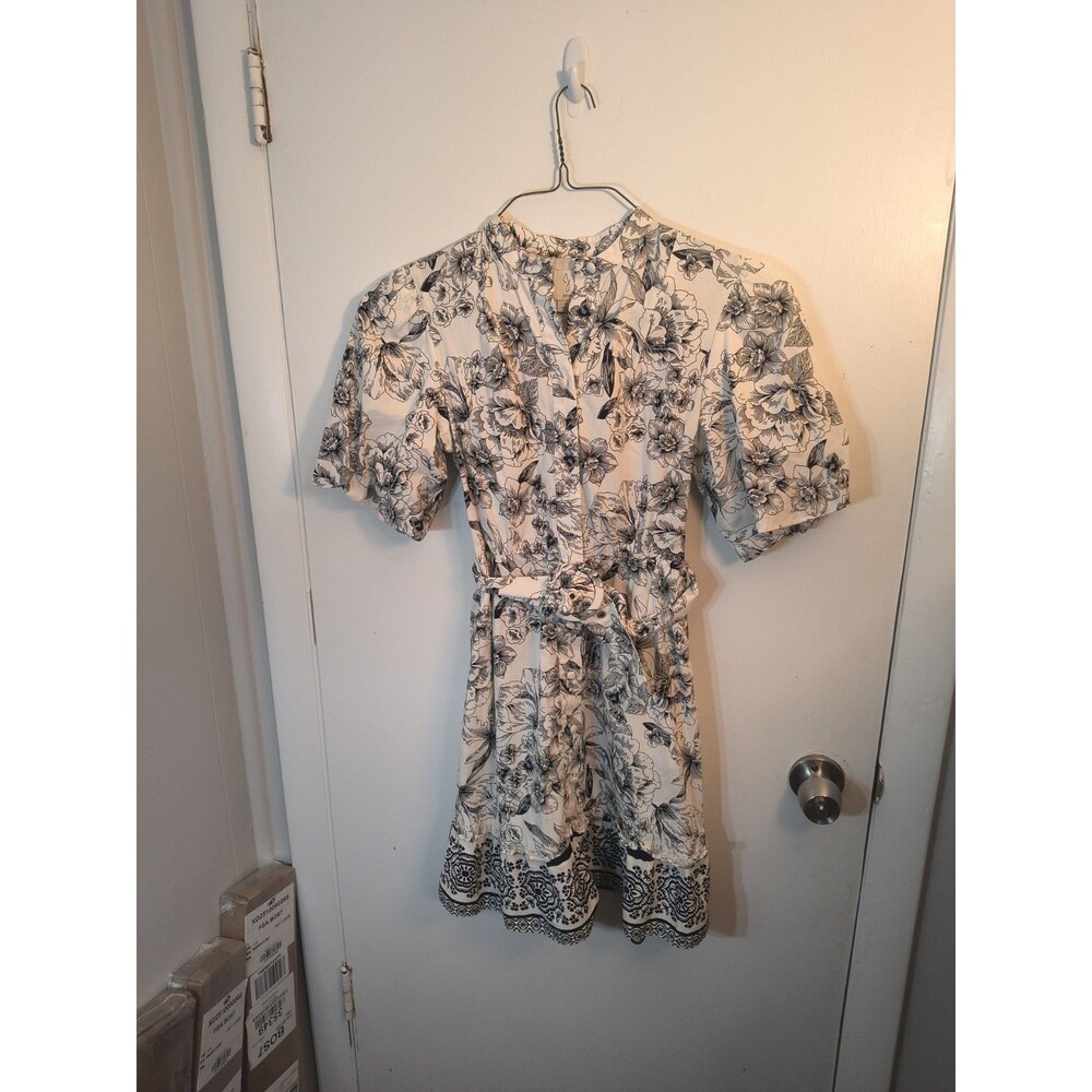 JOIE Black White Floral Puff Sleeve Belted Shirt Dress Size 2 Cotton Border Hem